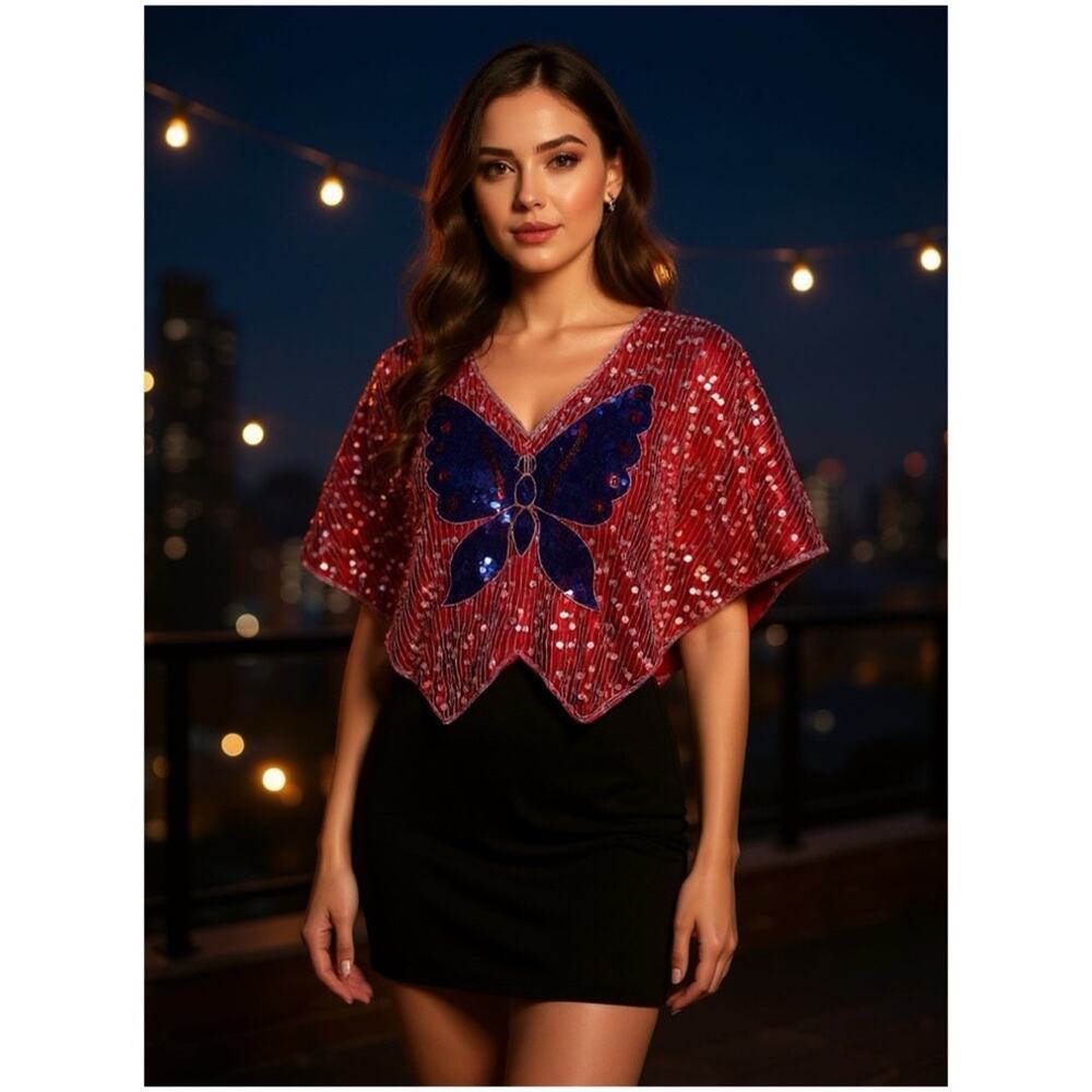 Vintage 70s Women’s Sz S NWT Red Silver Sequin Butterfly Top Deadstock